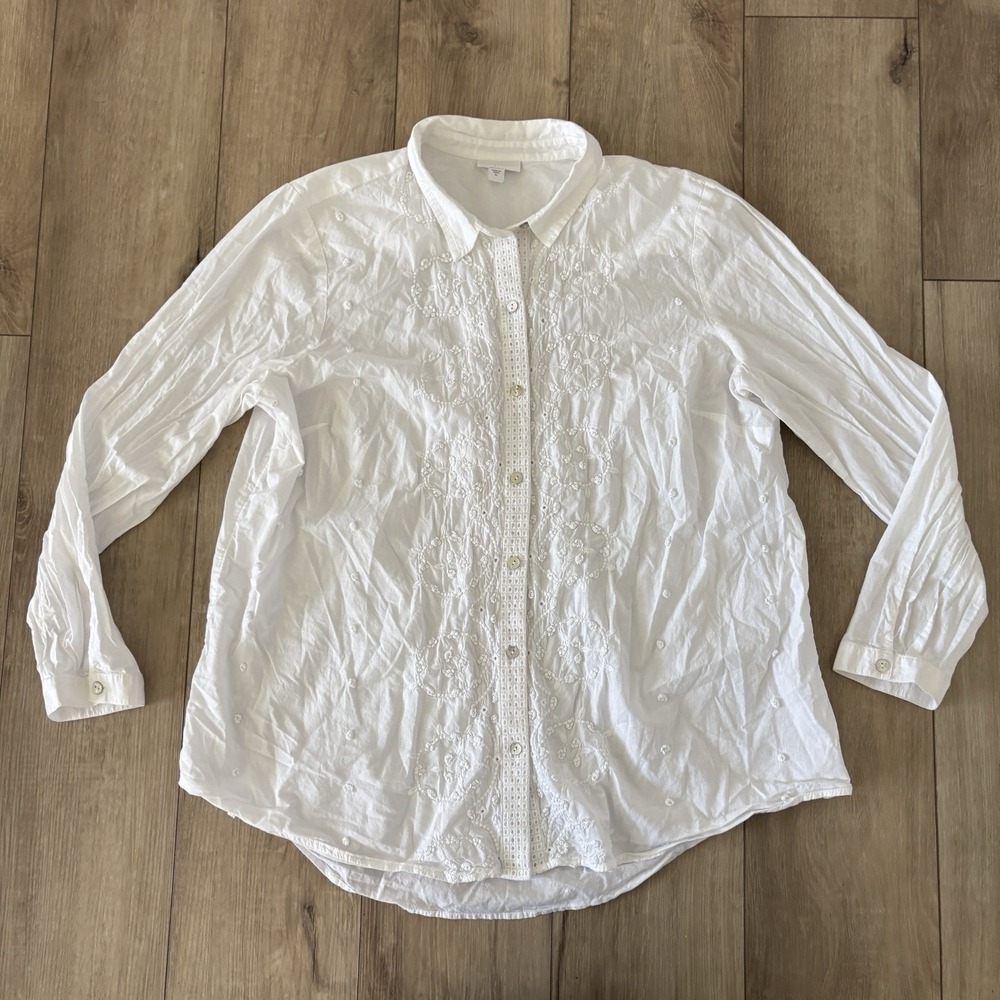 J Jill Women's‎ Size XL White Embroidered Eyelet Long Sleeve Tunic Shirt